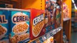 Colorful cereal boxes lining supermarket shelf