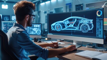 Poster - a man, wearing glasses, is working at a table in a building, designing a car using a computer. he fo