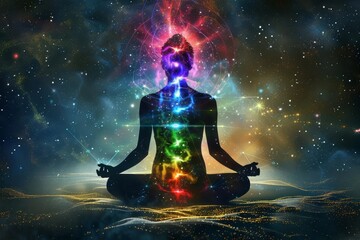 Cosmic meditation background with vibrant chakras Prana flow And the concept of spirituality and the mind of god.