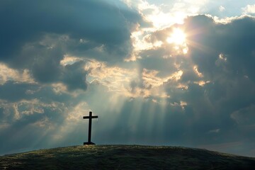 Wall Mural - Cross on a hill with radiant light shining through clouds Symbolizing hope and faith