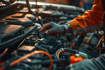 Mechanic inspecting and servicing a car's electrical system A close-up on hands working with automotive tools in a garage.