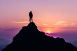 © Jelena - Silhouette of a lone adventurer standing atop a mountain peak at sunset Symbolizing achievement and personal growth