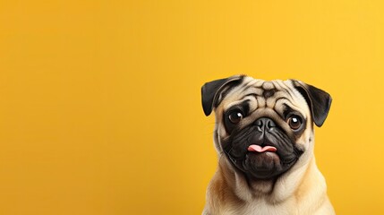 Wall Mural - pug dog on a one color background, copy space, realistic - generative ai