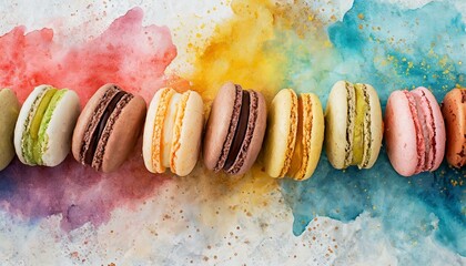 Wall Mural - Row of french cookies macaroons on watercolor background, top view 