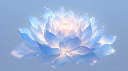 Wall Mural - Translucent blue lotus flower radiating a soft glow, with water droplets on its petals, creating a serene and mystical image against a light blue backdrop