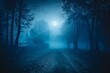 Mysterious fog rolling through a spooky forest under moonlight Casting an eerie glow on the path Perfect for a mystical or halloween-themed setting.