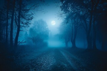 mysterious fog rolling through a spooky forest under moonlight casting an eerie glow on the path per