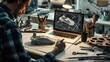 © InfiniteFlow - An industrial designer meticulously works on a prototype design in a workshop surrounded by various drafting tools and sketches. AIG41