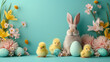 Cute Easter bunny and fluffy yellow chicks sit beside colorful Easter eggs surrounded by spring flowers on a teal background. Happy Easter banner with adorable rabbit. Easter concept. 