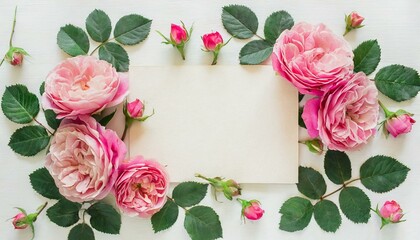 Wall Mural - Floral frame of pink roses and paper card for calligraphy on white background. Flat lay, top view. Art background. 