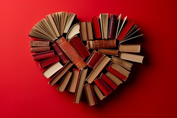 Wall Mural - Heart Shape Made of Love story Books on Red Background. Artistic heart-shaped configuration of assorted books on a bold red background, symbolizing a passion for reading photography::10 , 8k, 8k rende