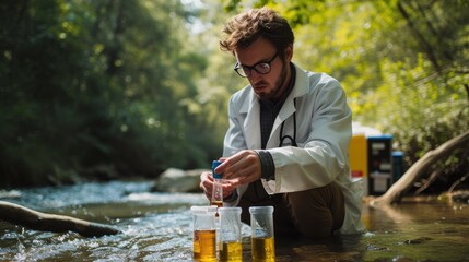 Wall Mural - A man, wearing a lab coat, collects water from a river, amidst a beautiful natural landscape with happy people, trees, grass, and a serene lake. AIG41