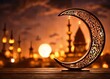 Ramadan kareem with golden luxurious crescent moon, lantern or fanoos, Islamic Background.