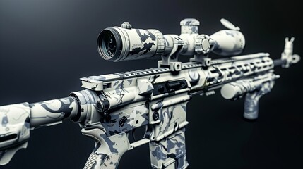 Skin of a modern rifle, decorated with white and gray camouflage, calimator sight, gray background