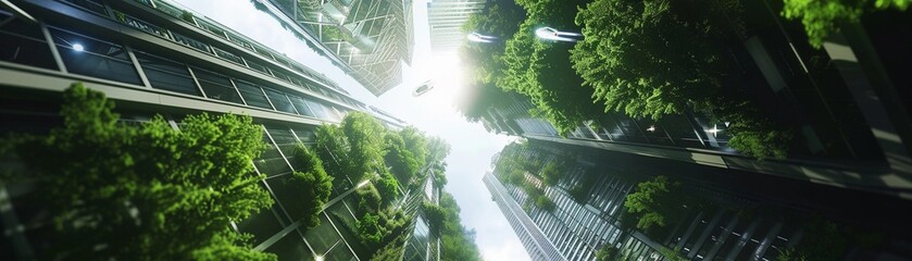 Wall Mural - Vertical metropolis within a biodome, Towering skyscrapers covered in lush greenery pierce the glass dome that encloses the entire city, generative AI