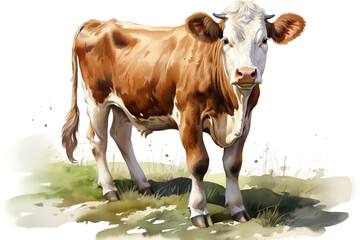 Wall Mural - Portrait of a highly detailed and realistic extremely happy and sweet watercolor farm cow on white background