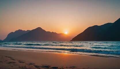 Wall Mural - A tranquil beach at dusk with gentle waves and a backdrop of majestic mountains and lush palm trees under a pastel sky. Generative AI.