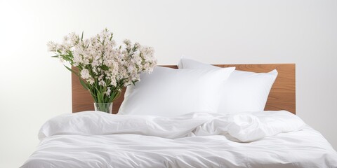 Wall Mural - White bedding on a wood bed, isolated on white.
