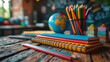 Back to School Classroom Desk with Globe and Supplies. Colorful classroom setting with a desk featuring school supplies, a globe, and a chalkboard background, symbolizing back to school.