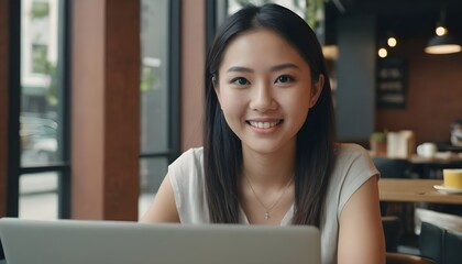 Young Asian woman using laptop, desktop, computer at home, office, cafe, restaurant, co working space. slasher, freelancer.