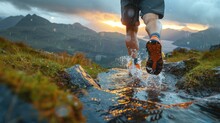 Running Feet Of A Trail Runner Who Practice Running On A Rainy Day.