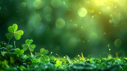 Poster - Floating Clover Leaves with Morning Dew Drops. Single Clover Leaf Standing Tall in Sunlight