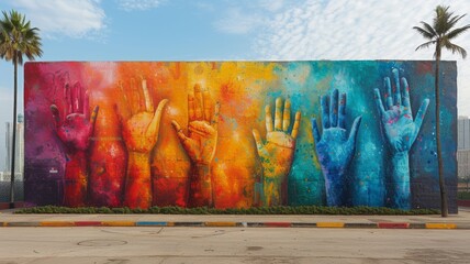 Wall Mural - mural with colorful painted hands as a sign of support for the lgbt