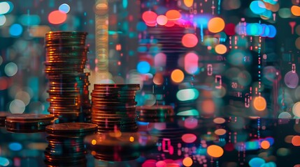 Fototapete - Double exposure of coins stack with graph chart and night cityscape. Economic, business, financial and stock market growth concept. : Generative AI