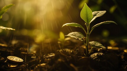 Fototapete - coins and money growing plant for finance and banking, saving money or interest increasing concept : Generative AI