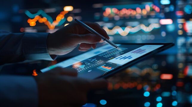 Investment department working process.Photo finance manager showing reports modern tablet screen.Statistics graphics screen.Private banker holding pen for signs documents, business pro : Generative AI
