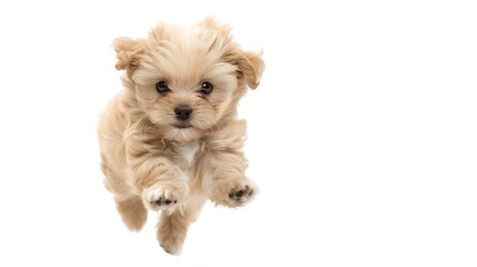 Poster - Playful puppy, little Maltipoo dog running, playing isolated over white background. Concept of care, animal life, health, show, breed of dog. Copy space for ad : Generative AI