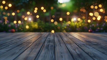 Poster - empty grey wooden floor or wooden terrace with abstract night light bokeh of night festival in garden blurred background copy space for display of product or object presentation vintag : Generative AI
