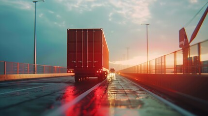 Logistics import export of containers cargo freight ship, truck transport with red container on highway at port cargo shipping dock yard background, copy space, plane, transportation i : Generative AI