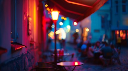 Wall Mural - night city life cafe where people relaxing under tent neon blurred street lamp light in medieval Tallinn Old Town Estonia : Generative AI