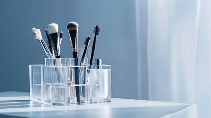 Poster - Clear acrylic holder in square shape applied for beauty organizer on white table against grey wall background : Generative AI