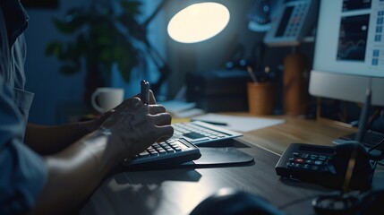 Fototapete - businessman working on desk office with using a calculator to calculate the numbers, finance accounting concept : Generative AI
