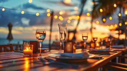 Wall Mural - Outdoor restaurant at the beach Table setting at tropical beach restaurant Led light candles and wooden tables chairs under beautiful sunset sky sea view Luxury hotel or resort restaur : Generative AI