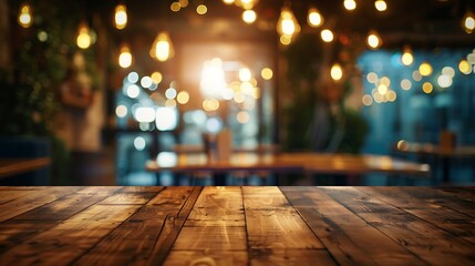 Poster - Empty wood table top and blur of cafe restaurant in dark night background : Generative AI