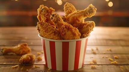 Wall Mural - Fried Chicken wings and legs Bucket full of crispy kentucky fried chicken on brown background : Generative AI