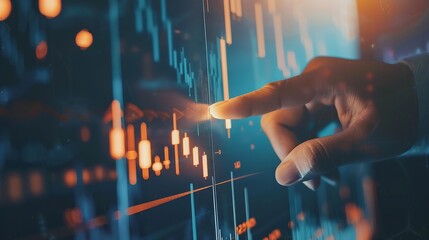 Fototapete - Close up of hand pointing at glowing business chart on dark blue background. Stock, market and trade concept. Double exposure : Generative AI
