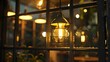 Edison lamps shine a warm light in the restaurant room behind the glass the details of the cafe lighting through the glass with reflection and glare in the evening nobody : Generative AI