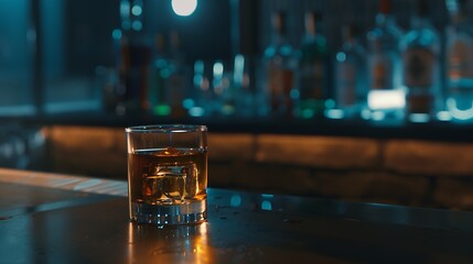 Poster - a glass of whiskey on the bar in front of the bar : Generative AI