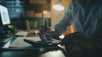 Poster - businessman working on desk office with using a calculator to calculate the numbers, finance accounting concept : Generative AI