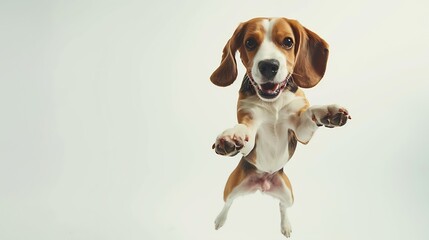 Poster - Friend. Portrait of funny active pet, cute dog Beagle posing isolated over white studio background. Concept of motion, action, pets love, animal life. Looks happy, delighted. Copyspace : Generative AI
