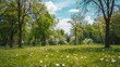 Spring Nature scene Beautiful Landscape Park with dandelions Green Grass Trees and flowers Tranquil Background sunlight Scenic beauty meadow backdrop : Generative AI
