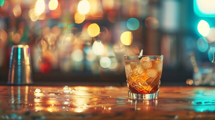 Poster - A cocktail on a wooden bar table : Generative AI