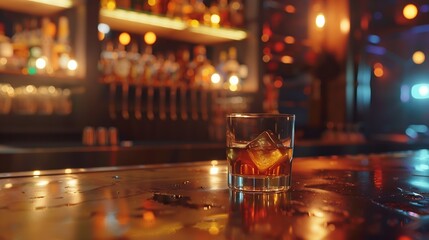 Poster - a glass of whiskey on the bar in front of the bar : Generative AI