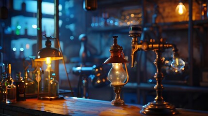 Aufkleber - Metal table and vintage lamps with liquor bar background : Generative AI