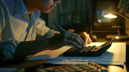 Fototapete - businessman working on desk office with using a calculator to calculate the numbers, finance accounting concept : Generative AI