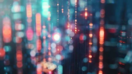 Fototapete - Abstract glowing big data forex candlestick chart on blurry city backdrop. Trade, technology, investment and analysis concept. Double exposure : Generative AI
